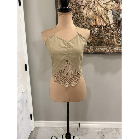 Source Unknown Tops - Halter Tank Top Womens Small Beige Crochet Lace Linen Blend Cropped Boho